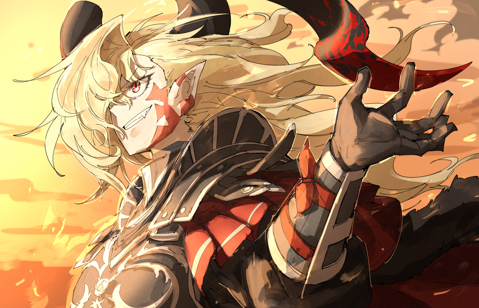 1girl armor blonde_hair cape facial_mark fang fate/grand_order fate_(series) gloves grin hair_over_one_eye horns kankan33333 nero_claudius_(fate) pauldrons pointy_ears pteruges queen_draco_(fate) queen_draco_(third_ascension)_(fate) red_eyes shoulder_armor smile solo vambraces wind