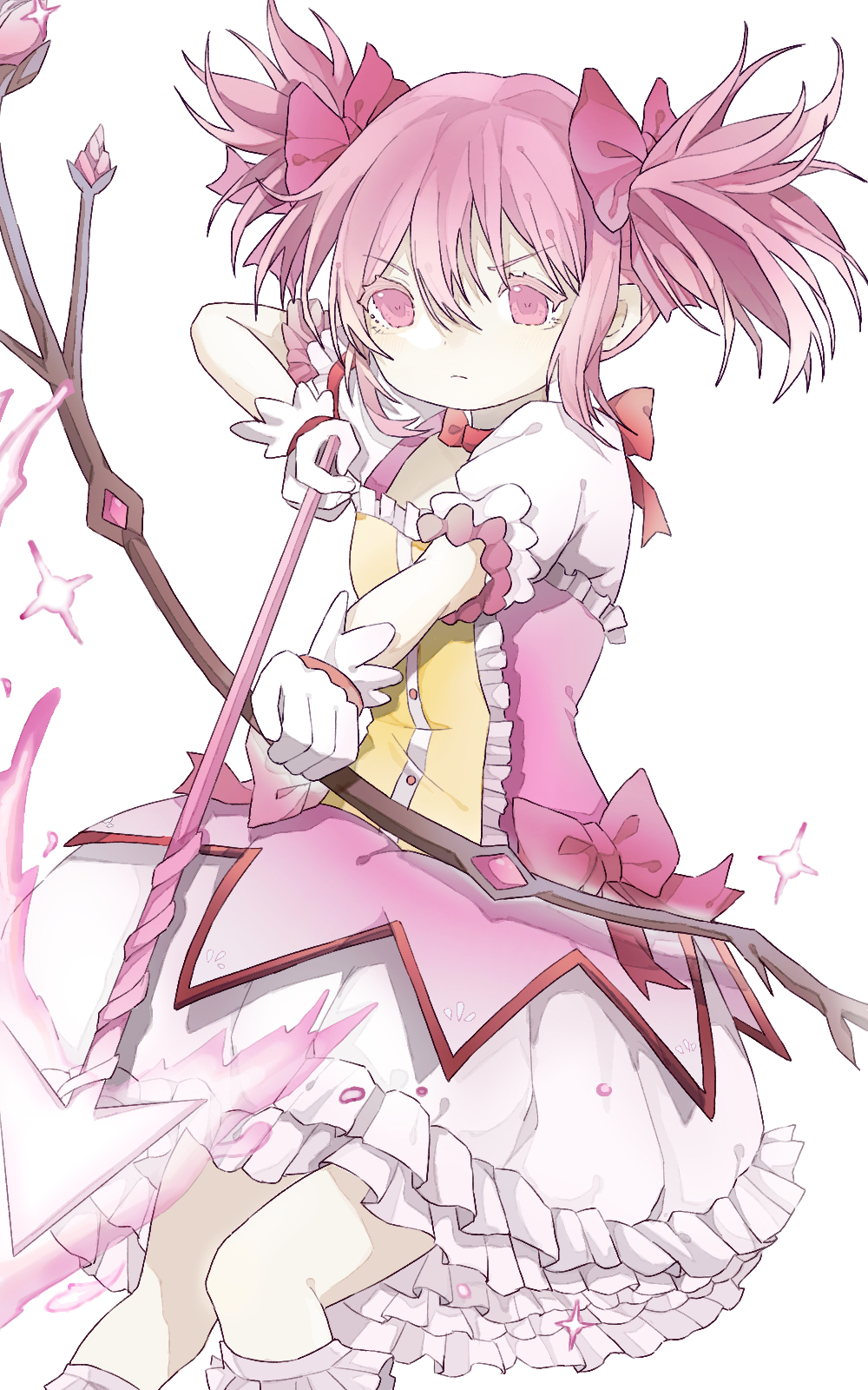 1girl arrow_(projectile) bow bow_(weapon) bow_choker bubble_skirt buttons center_frills choker closed_mouth colored_eyelashes commentary cowboy_shot determined dot_nose drawing_bow dress fire flaming_arrow floating_hair flower frilled_dress frilled_skirt frilled_sleeves frilled_socks frills frown hair_bow highres holding holding_arrow holding_bow_(weapon) holding_weapon kaname_madoka kaname_madoka_(magical_girl) kneehighs looking_ahead magical_girl mahou_shoujo_madoka_magica mahou_shoujo_madoka_magica_(anime) miniskirt petticoat pink_bow pink_eyes pink_fire pink_flower pink_hair puffy_short_sleeves puffy_sleeves red_bow red_choker short_dress short_hair short_sleeves short_twintails simple_background skirt skirt_under_dress socks solo sparkle square_neckline symbol-only_commentary twintails v-shaped_eyebrows weapon white_background white_skirt white_sleeves white_socks winbow