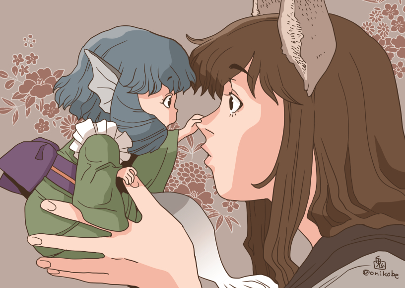2girls alternate_size animal_ears black_eyes blue_hair brown_hair commentary drill_hair eye_contact fins floral_background green_kimono grey_background hand_on_another&#039;s_face head_fins holding_nose holding_person imaizumi_kagerou japanese_clothes kimono long_hair long_sleeves looking_at_another mermaid mini_person minigirl monster_girl multiple_girls obi onikobe_rin outstretched_arm parted_lips sash short_hair short_kimono signature sitting standing touhou twitter_username upper_body wakasagihime wolf_ears