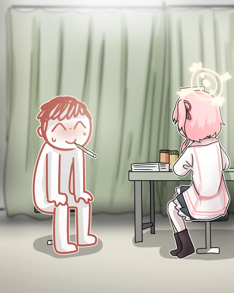 1boy 1girl doodle_sensei_(blue_archive) blue_archive c/h commentary feather_hair halo hat indoors long_sleeves looking_at_another medium_hair mixed-language_commentary nurse nurse_cap one_side_up pink_hair school_uniform sensei_(blue_archive) serina_(blue_archive) sick sidelocks sitting thermometer