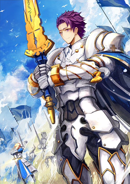 1boy 1girl ahoge armor armored_boots armored_gloves arondight_(fate) artoria_pendragon_(fate) banner bird black_pants blonde_hair blue_cape blue_dress blue_ribbon blue_sky boots breastplate bun_with_braided_base caliburn_(fate) cape closed_mouth cloud cowboy_shot day dress dutch_angle faceless faceless_female fate/grand_order fate_(series) faulds gauntlets glint hair_ribbon hands_on_hilt hands_up holding holding_sword holding_weapon lancelot_(fate/grand_order) long_sleeves male_focus multiple_others official_art outdoors pants pauldrons planted planted_sword planted_weapon purple_eyes purple_hair ribbon saber_(fate) shimadoriru short_hair shoulder_armor sidelocks sky smile solo_focus sword third-party_source two-handed weapon white_armor