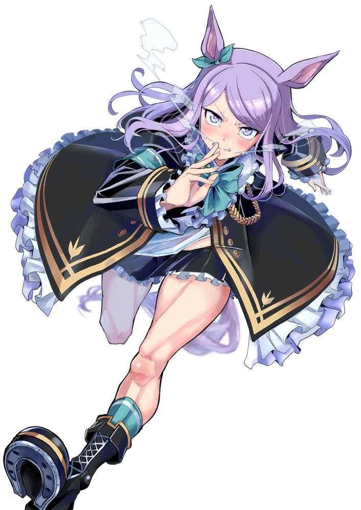 1girl animal_ears aqua_socks black_boots black_jacket black_skirt blush boots bow commentary_request full_body hair_bow horse_ears horse_girl horse_tail jacket long_hair long_sleeves looking_at_viewer mejiro_mcqueen_(umamusume) open_clothes open_jacket open_mouth purple_eyes purple_hair running shoe_soles simple_background skirt socks solo sweat tail take_nii umamusume v-shaped_eyebrows white_background
