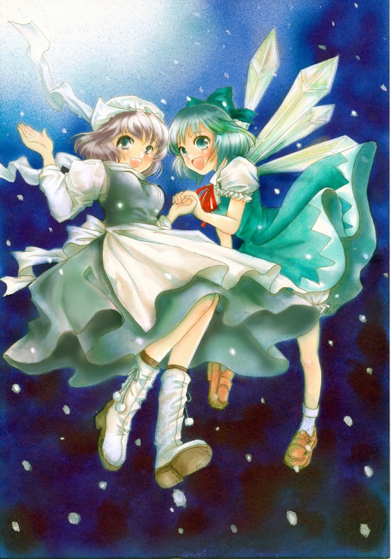 2girls bad_id bad_pixiv_id blue_eyes blue_hair boots cirno gintarou_(puipuiginta) hat letty_whiterock light_purple_hair multiple_girls short_hair touhou traditional_media wings