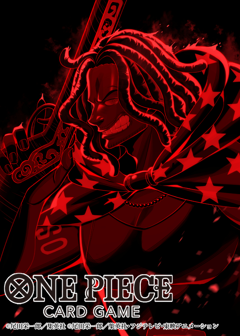 1boy arm_tattoo bashikou commentary_request copyright_name dreadlocks gun holding holding_gun holding_weapon looking_at_viewer male_focus monochrome official_art one_piece one_piece_card_game red_theme smile solo star_(symbol) star_print tattoo upper_body weapon yasopp