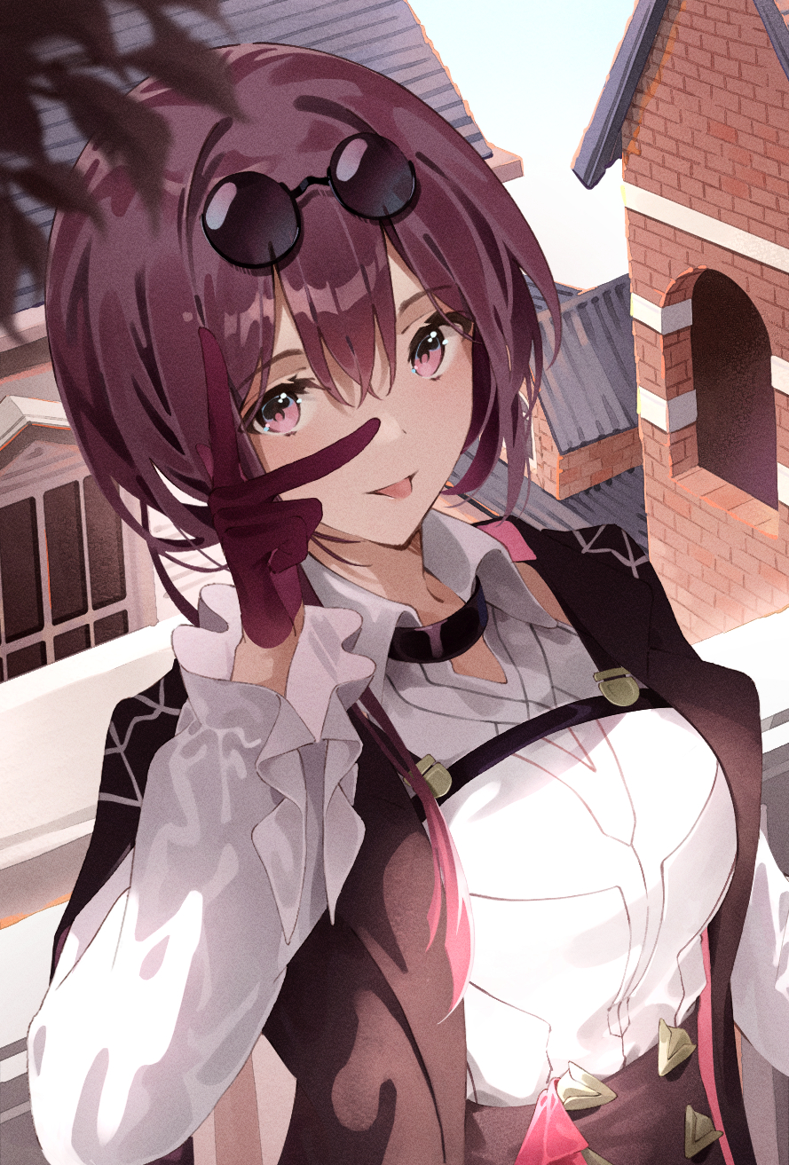 1girl blurry breasts chest_harness collared_shirt commentary_request depth_of_field eyewear_on_head gloves hand_up harness highres honkai:_star_rail honkai_(series) house kafka_(honkai:_star_rail) large_breasts long_sleeves looking_at_viewer pozi purple_eyes purple_gloves purple_hair shirt solo tongue tongue_out upper_body v white_shirt