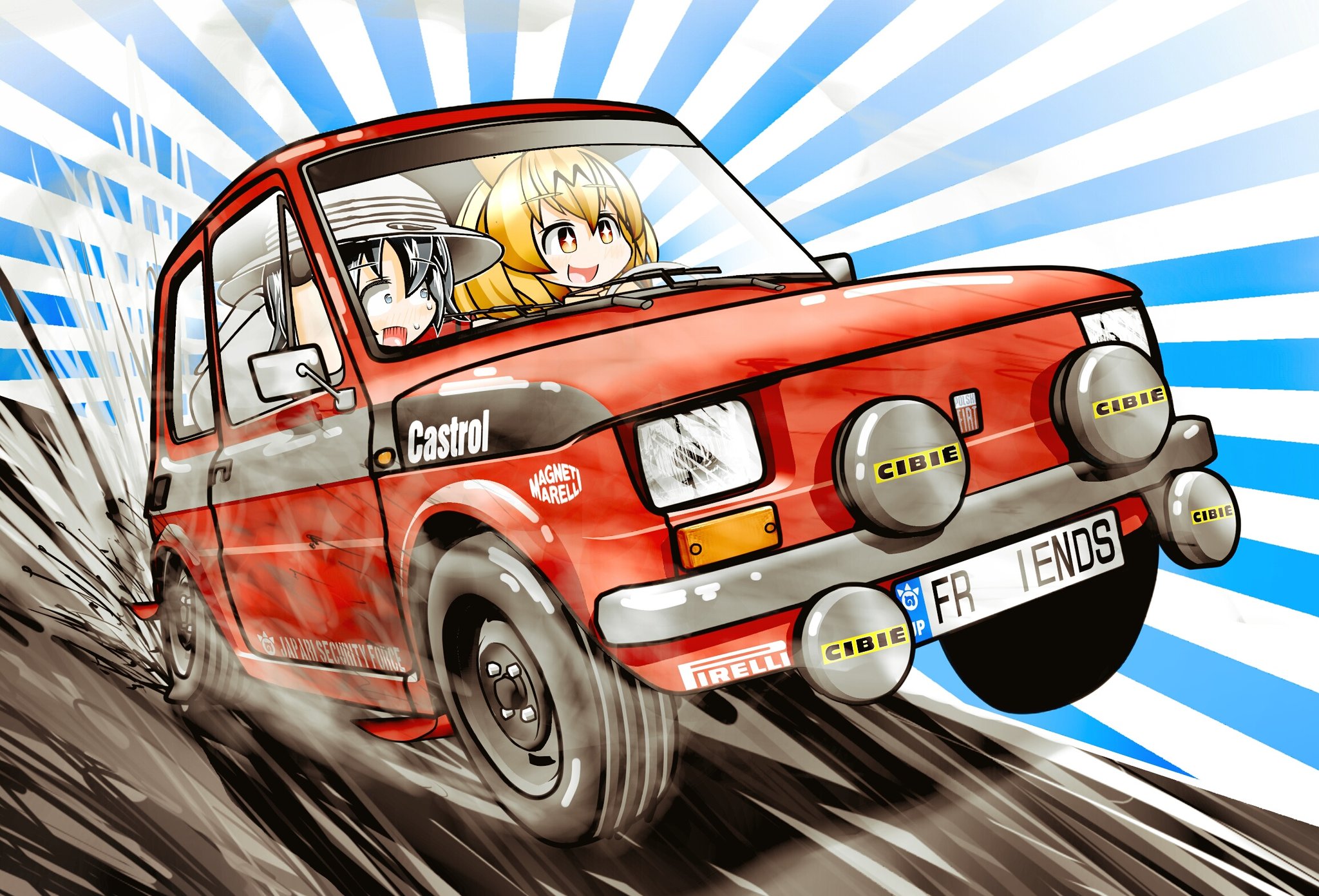 2girls :d animal_ears black_hair blonde_hair car castrol commentary_request english_text fiat fiat_126 firelli hat highres kaban_(kemono_friends) kaito_(stop404man) kemono_friends license_plate motor_vehicle multiple_girls open_mouth red_car scared serval_(kemono_friends) short_hair smile sunburst sunburst_background sweat vehicle_focus white_headwear