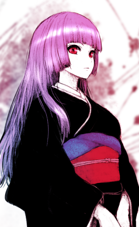 1girl abstract_background alternate_costume black_kimono blunt_bangs blurry blurry_background breasts closed_mouth commentary_request cowboy_shot expressionless hime_cut indie_virtual_youtuber ise_(0425) japanese_clothes kimono large_breasts long_hair long_sleeves looking_at_viewer obi obiage obijime purple_hair red_eyes rokudou_mei sash sidelocks solo standing virtual_youtuber white_background