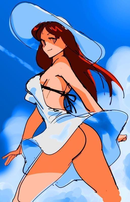 1girl ass blush breasts brown_hair day dress female_focus hat long_hair looking_back no_panties red_hair revealing_clothes sky solo sun_hat sundress watatanza wind wind_lift