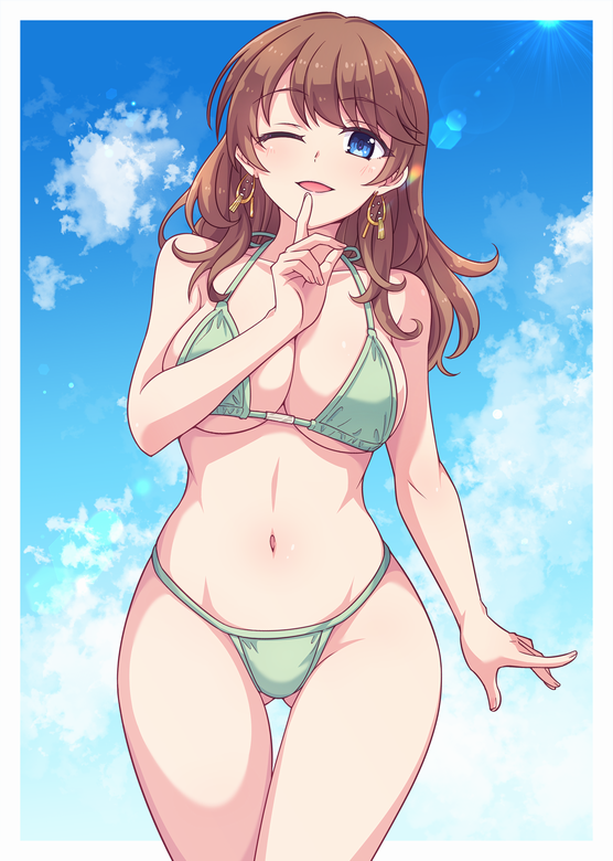 1girl ;d aqua_bikini bikini blue_eyes border breasts brown_hair cleavage collarbone commentary_request cue! e20 earrings finger_to_mouth gluteal_fold hand_up jewelry large_breasts long_hair looking_at_viewer navel one_eye_closed open_mouth second-party_source smile solo standing stomach sun swimsuit thighs tongue white_border yomine_miharu