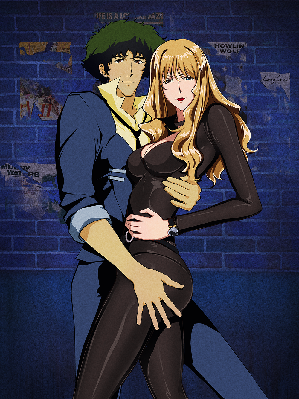 ass belt blonde_hair blue_eyes breasts brown_eyes catsuit choker cleavage couple cowboy_bebop green_hair highres julia_(cowboy_bebop) leather lucyguusi spike_spiegel