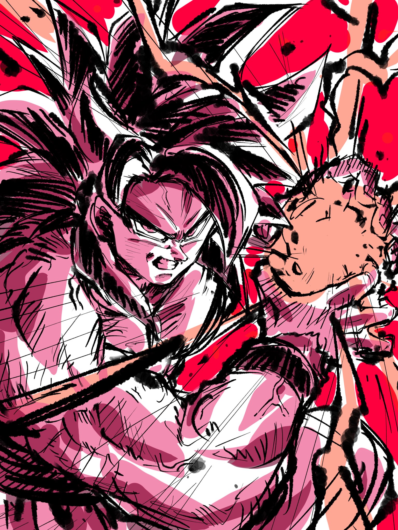 1boy black_hair blue_sash body_fur dougi dragon_ball dragon_ball_gt highres kamehameha_(dragon_ball) long_hair looking_at_viewer male_focus monkey_boy monkey_tail muscular muscular_male no_nipples pants pectorals red_fur rz28kp saiyan sash solo son_goku spiked_hair super_saiyan super_saiyan_4 tail