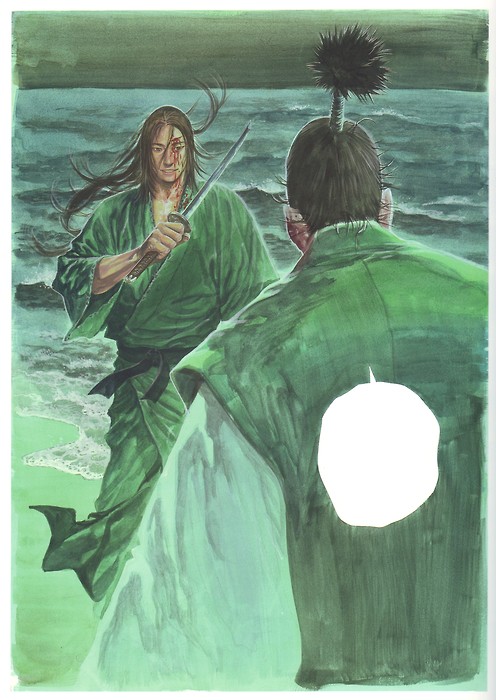 backview beach black_eyes blood brown_hair duel flying_hair inoue_takehiko japanese_clothes kimono long_hair male_focus night ocean ponytail sabre sasaki_kojirou sky smeared_face smile standing sword vagabond wakizashi waves weapon yoshioka_denshichirou