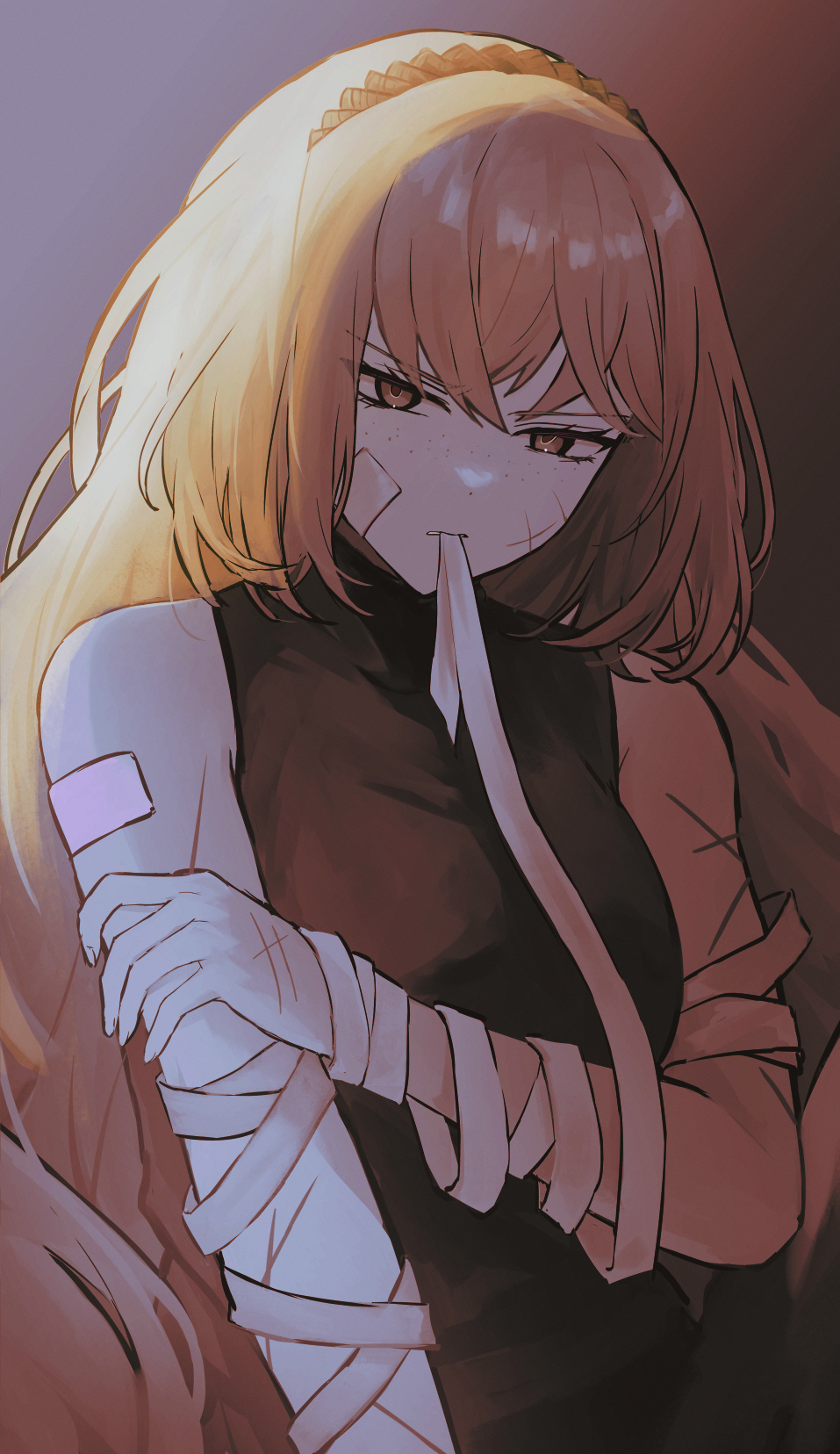 1girl applying_bandages black_shirt breasts closed_mouth dress hairband highres ishmael_(project_moon) konoeda large_breasts limbus_company long_hair looking_at_viewer orange_hair project_moon rope scar scar_on_arm scar_on_face shi_association_south_uniform shirt sidelocks sleeveless sleeveless_dress solo very_long_hair