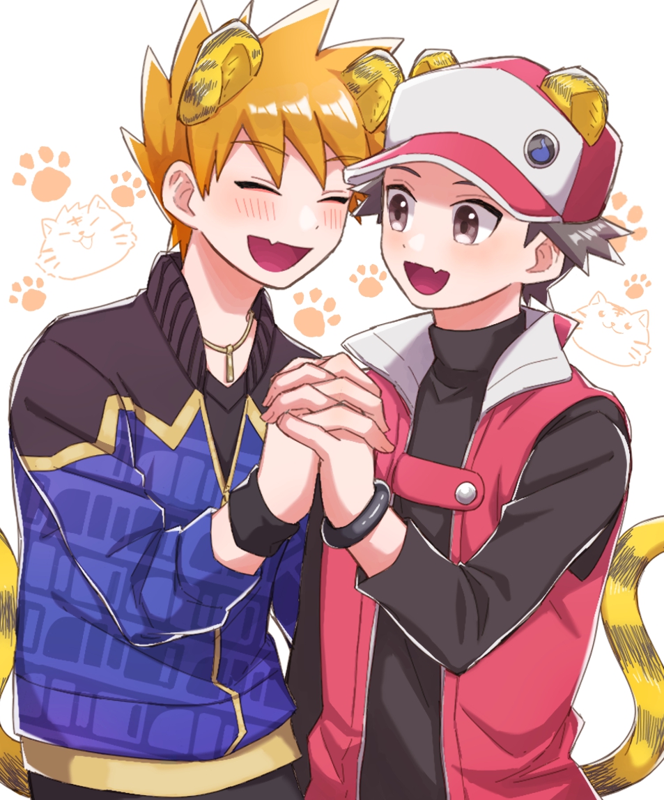 2boys :d animal_ears blonde_hair blue_oak blue_oak_(sygna_suit) blush bracelet closed_eyes coat commentary_request fang hand_up happy holding_hands jacket jewelry male_focus mochi_(mocchi_p_2m) multiple_boys necklace nintendo official_alternate_costume open_mouth pants paw_print pokemon pokemon_masters_ex red_(pokemon) red_(sygna_suit)_(pokemon) shirt short_hair skin_fang sleeveless sleeveless_coat smile spiked_hair tail white_background