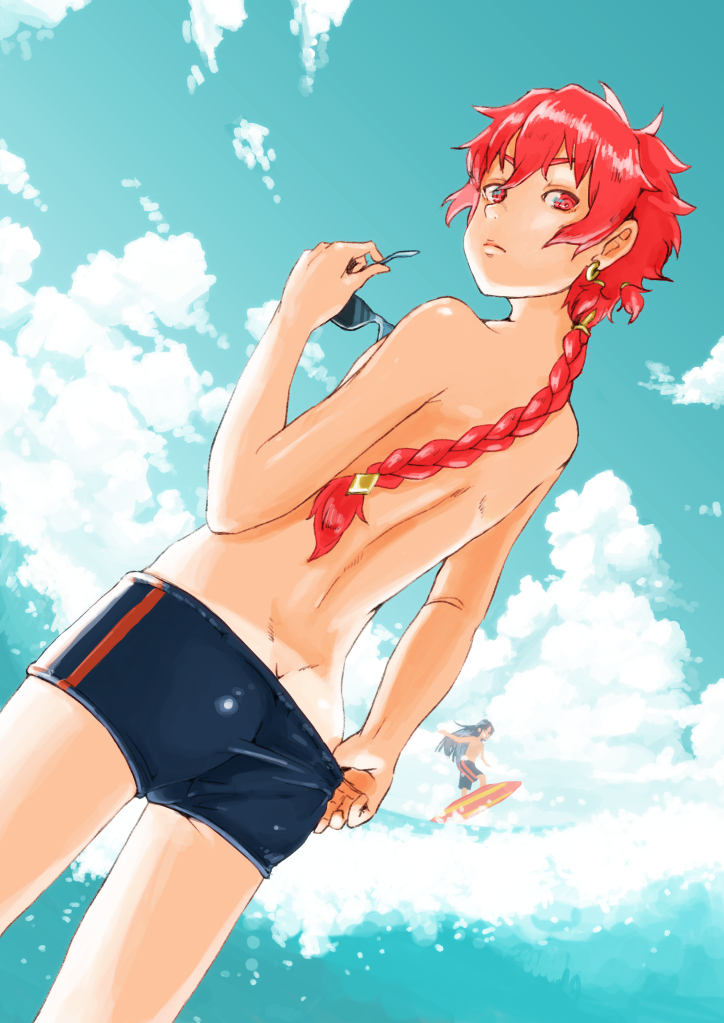 2boys adjusting_clothes adjusting_swimsuit alexander_(chaldea_beach_volleyball)_(fate) alexander_(fate) androgynous ass ass_focus black_hair blue_jammers blue_male_swimwear blue_swim_trunks braid butt_crack double_vertical_stripe earrings fate/grand_order fate_(series) jammers jammers_pull jewelry long_hair looking_at_viewer looking_back lord_el-melloi_ii male_focus male_swimwear male_swimwear_pull mimizuki_(mimizuki_p) multiple_boys pulling_own_clothes red_eyes red_hair single_braid solo_focus sunglasses surfboard surfing swim_trunks swimsuit tan tanline waver_velvet