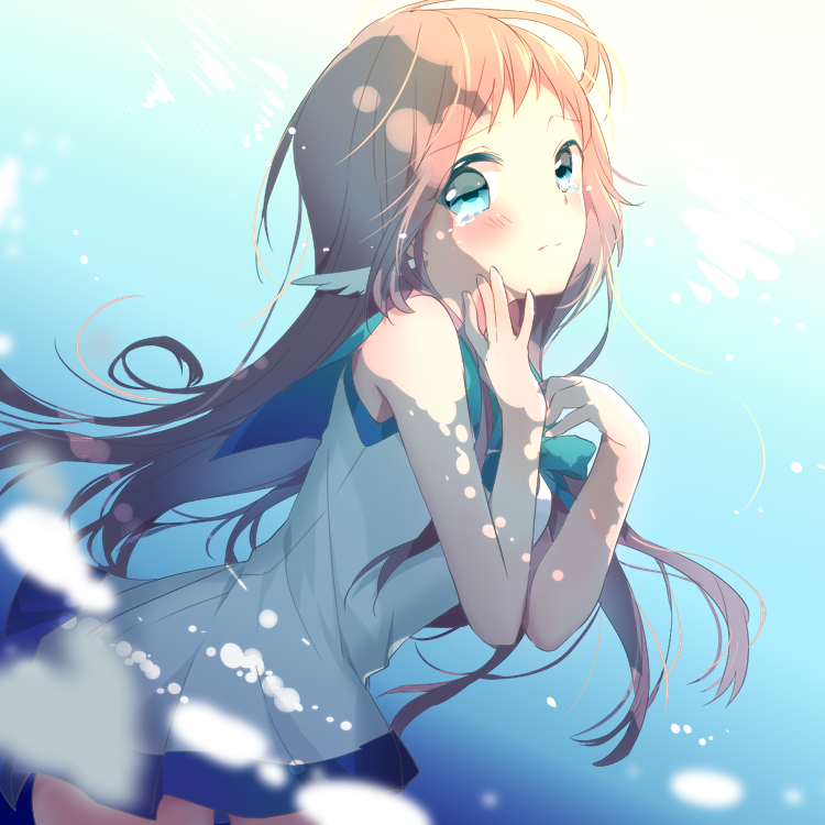 1girl awai_hinata blue_eyes breasts brown_hair feathers long_hair mukaido_manaka nagi_no_asukara nami_junior_high_school_uniform school_uniform small_breasts solo tearing_up underwater white_feathers