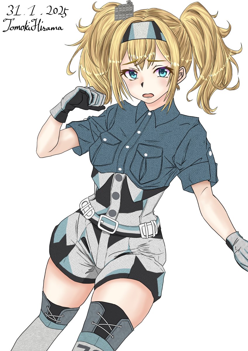 1girl artist_name blonde_hair blue_eyes blue_shirt breast_pocket collared_shirt dated dress_shirt gambier_bay_(kancolle) gloves hairband highres hisamatomoki kantai_collection long_hair multicolored_gloves multicolored_hairband multicolored_shorts one-hour_drawing_challenge open_mouth pocket shirt short_sleeves shorts simple_background solo thighhighs twintails white_background white_thighhighs