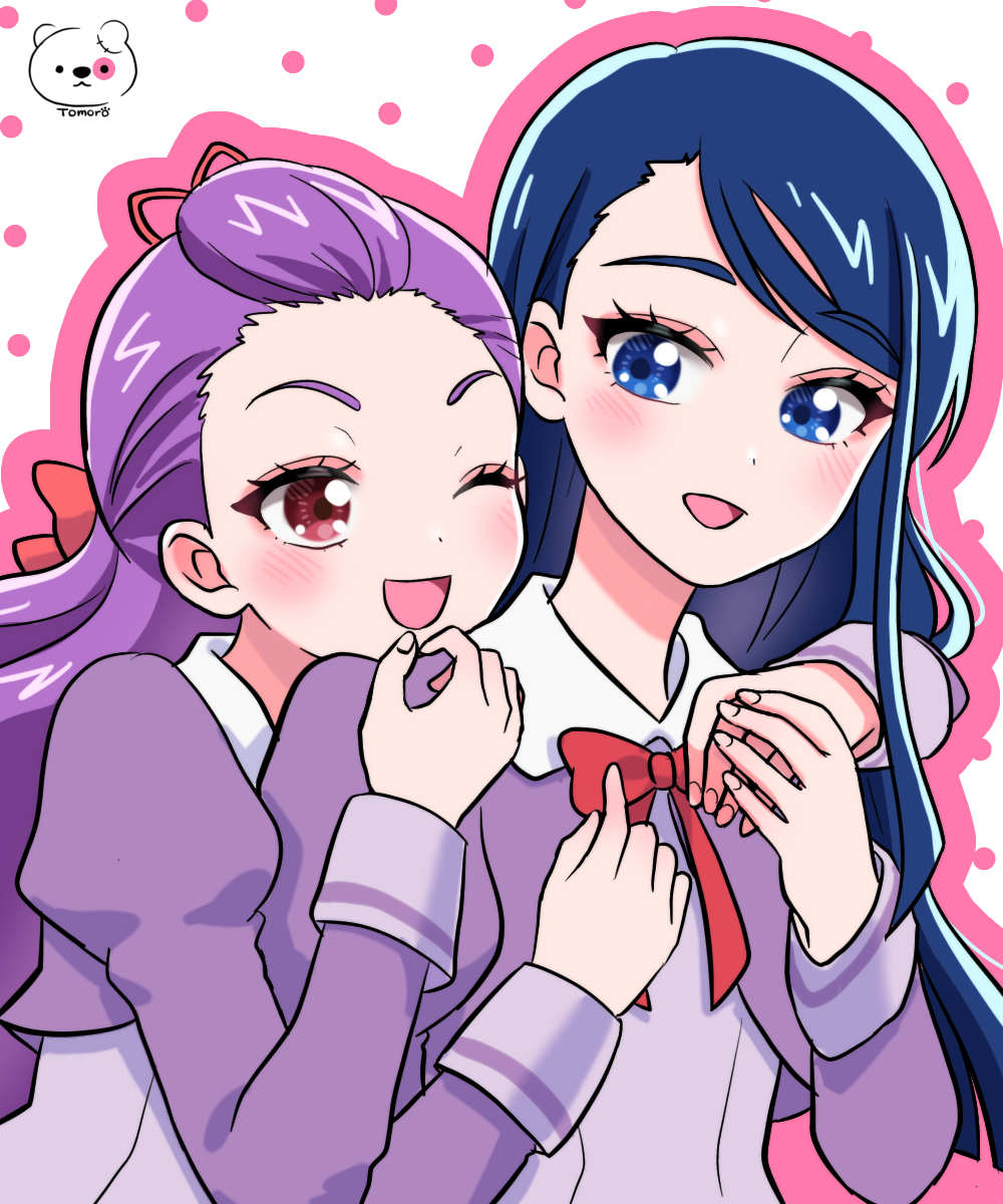 2girls artist_logo artist_name blue_eyes blue_hair blush bow bowtie cropped_jacket dress hair_bow highres jacket l&#039;ecole_des_cinq_lumieres_school_uniform logo long_hair long_sleeves mimino_kurumi minazuki_karen moro_precure multiple_girls one_eye_closed open_mouth precure purple_dress purple_hair purple_jacket red_bow red_bowtie red_eyes school_uniform smile upper_body yes!_precure_5 yes!_precure_5_gogo!