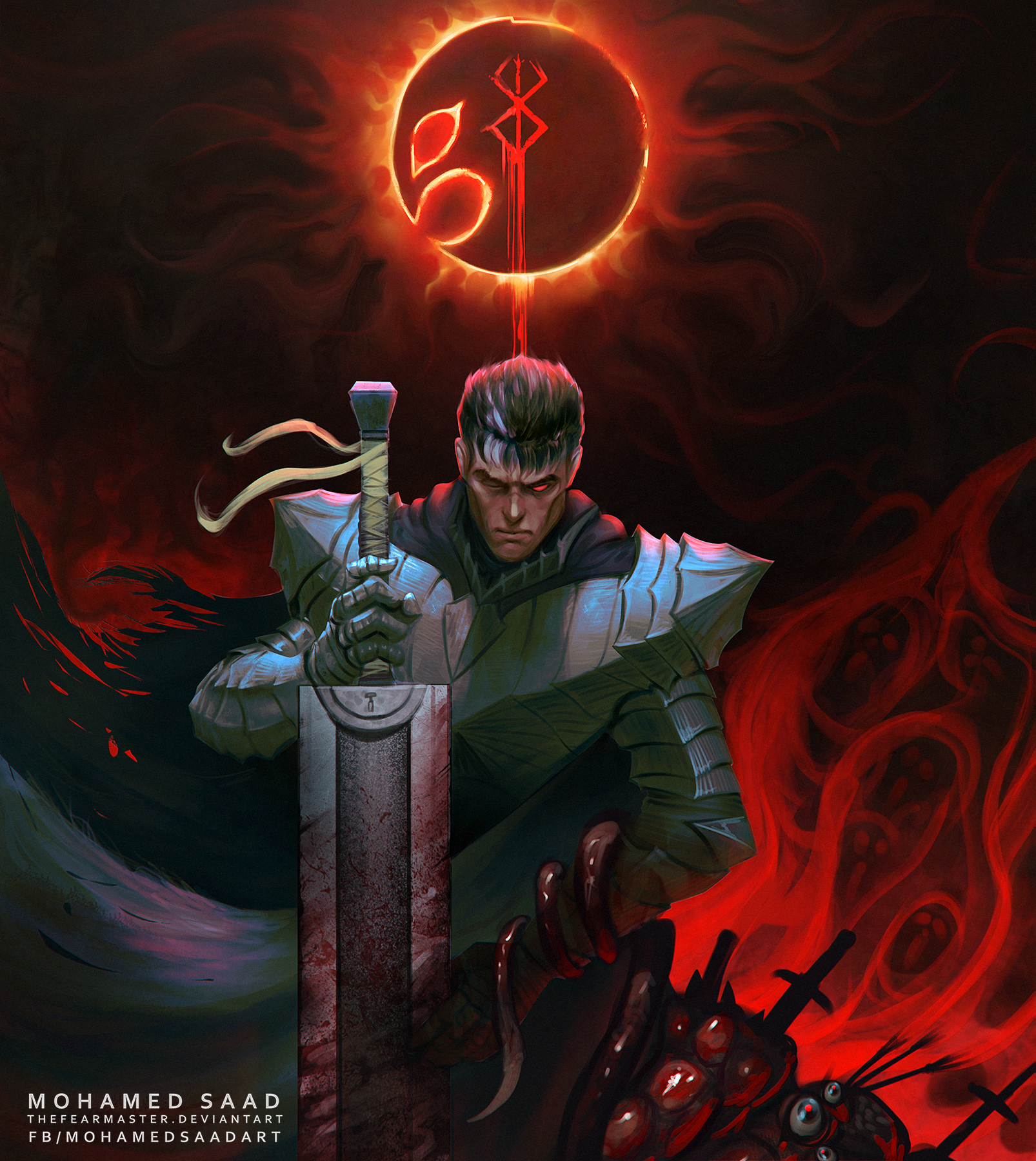 1boy armor arrow_(projectile) artist_name berserk berserker_armor black_cloak black_hair blood bloody_weapon brand_of_sacrifice cloak closed_mouth commentary dragonslayer_(sword) eclipse english_commentary facing_viewer glowing glowing_eye guts_(berserk) highres holding holding_sword holding_weapon male_focus multicolored_hair one_eye_closed red_eyes short_hair shoulder_armor solar_eclipse solo spiked_hair streaked_hair sword tentacles thefearmaster torn_cloak torn_clothes weapon