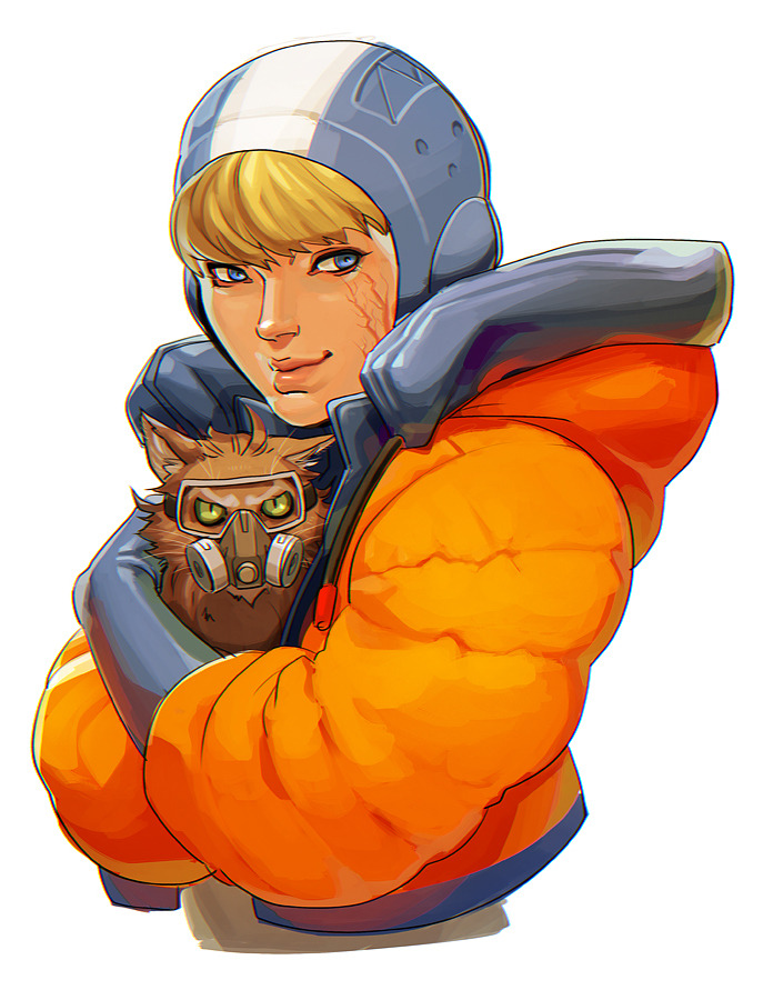 1girl animal animal_hug apex_legends blonde_hair blue_eyes blue_gloves burn_scar cat commentary down_jacket english_commentary facial_scar gas_mask gloves goggles holding holding_animal holding_cat hood hood_down hooded_jacket jacket lips mask nikola_(apex_legends) orange_jacket scar scar_on_cheek scar_on_face short_hair skullcap wattson_(apex_legends) white_background zitszy