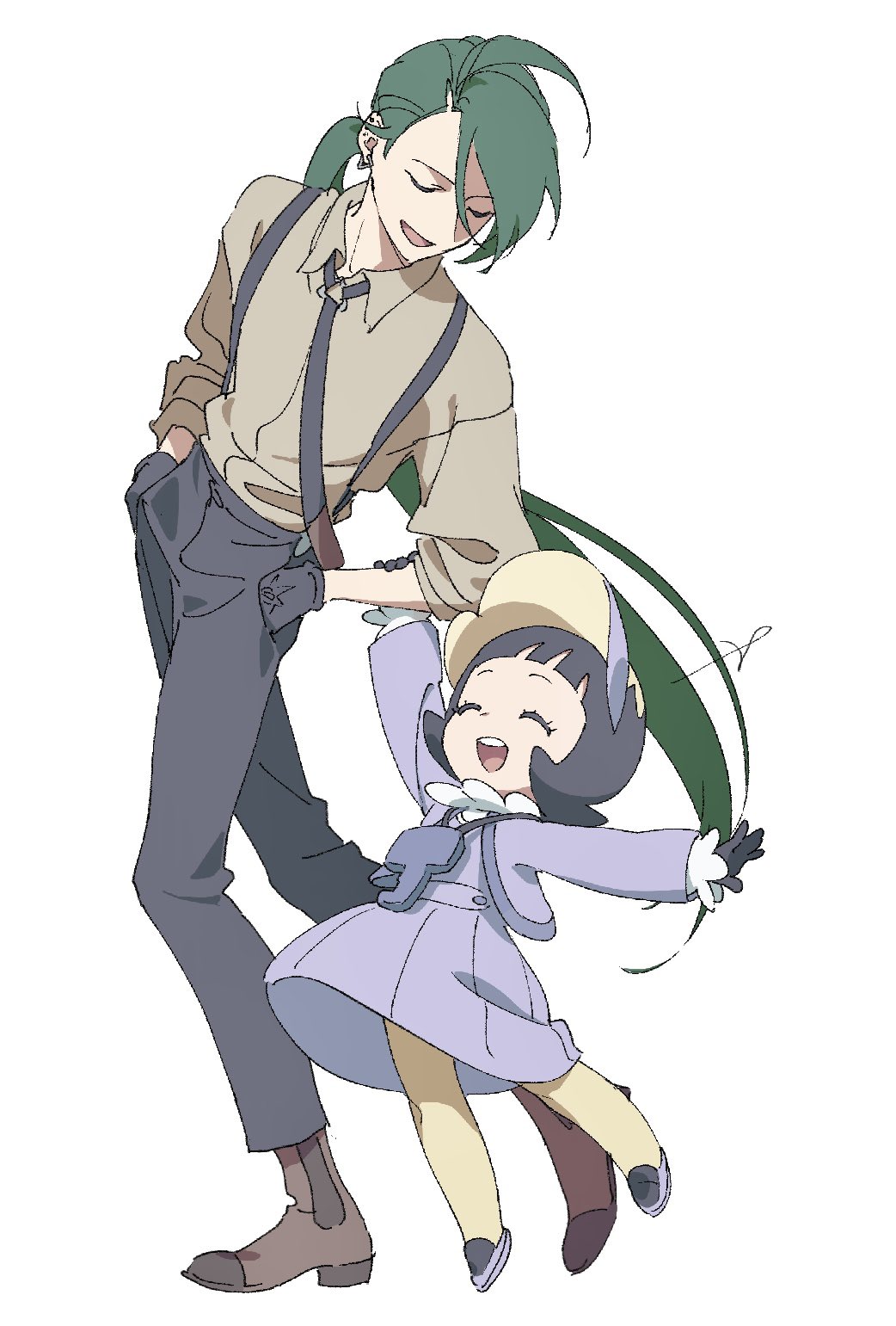 2girls :d black_gloves black_hair boots brown_footwear closed_eyes collared_shirt creatures_(company) game_freak gloves green_hair grey_footwear grey_jacket hair_between_eyes highres jacket long_hair long_sleeves multiple_girls nintendo open_clothes open_jacket open_mouth pants pantyhose pokemon pokemon_sv ponytail poppy_(pokemon) rika_(pokemon) sankaku shirt shoes sleeves_rolled_up smile standing yellow_pantyhose