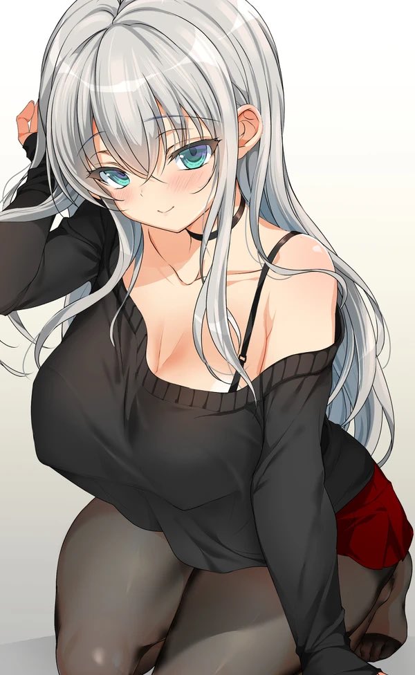 1girl black_choker black_pantyhose black_sweater blue_eyes blush bra_strap breasts breasts_day choker cleavage collarbone crossed_bangs emily_(pure_dream) good_breasts_day gradient_background grey_background grey_hair hair_between_eyes hashtag-only_commentary kneeling large_breasts long_hair long_sleeves looking_at_viewer original pantyhose red_skirt sidelocks skirt smile solo sweater white_background
