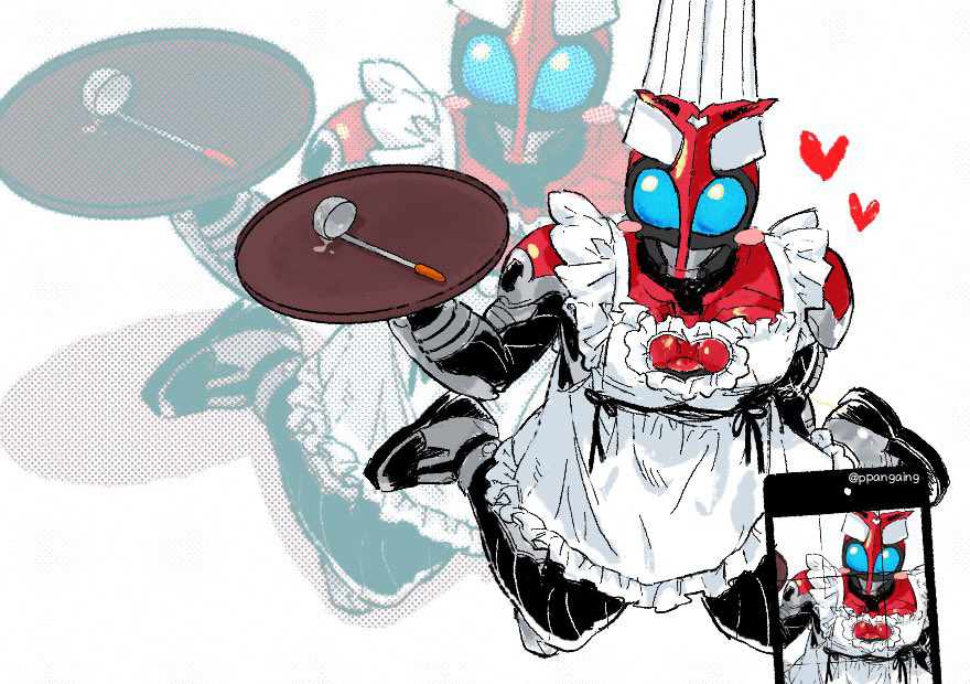 1boy apron armor beetle blue_eyes blush bug chef_hat crossdressing dress gopogopo hat heart helmet holding holding_tray insect kamen_rider kamen_rider_kabuto kamen_rider_kabuto_(series) kneeling ladle maid male_focus mask masked masked_male meme on_ground phone recording red_armor redrawn sitting tray