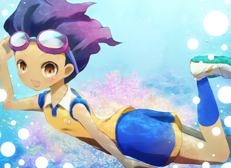 1boy bad_id bad_pixiv_id blue_hair blush brown_eyes bubble coral goggles goggles_on_head hamano_kaiji inazuma_eleven_(series) inazuma_eleven_go lightning_bolt_symbol male_focus open_mouth raimon raimon_soccer_uniform sleeves_rolled_up soccer_uniform solo sportswear underwater yoshida_(nono_ko)
