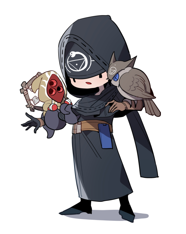 2boys animal_on_arm azaya_(kuroi_azaya) bird bird_on_arm black_footwear black_gloves black_robe blindfold brown_gloves chibi deformed eli_clark full_body gloves hastur_(identity_v) identity_v male_focus multiple_boys open_mouth owl robe white_background