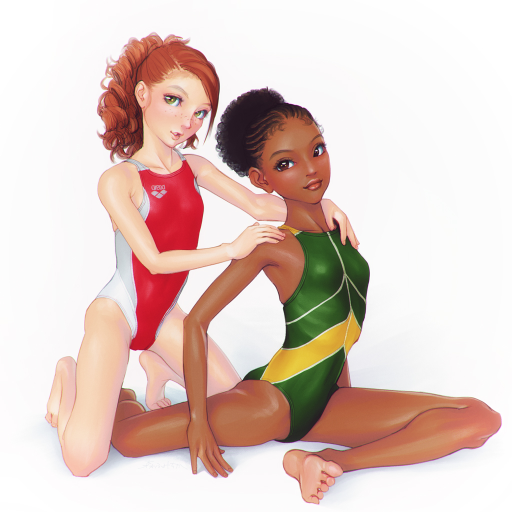 2girls arena_(company) barefoot black_hair blush breasts brown_eyes commentary_request competition_swimsuit curly_hair dark-skinned_female dark_skin freckles full_body fumichika_mori hair_bun hands_on_another&#039;s_shoulders kneeling looking_at_viewer medium_hair multiple_girls one-piece_swimsuit original parted_lips ponytail red_hair sitting small_breasts soles swimsuit toes yellow_eyes