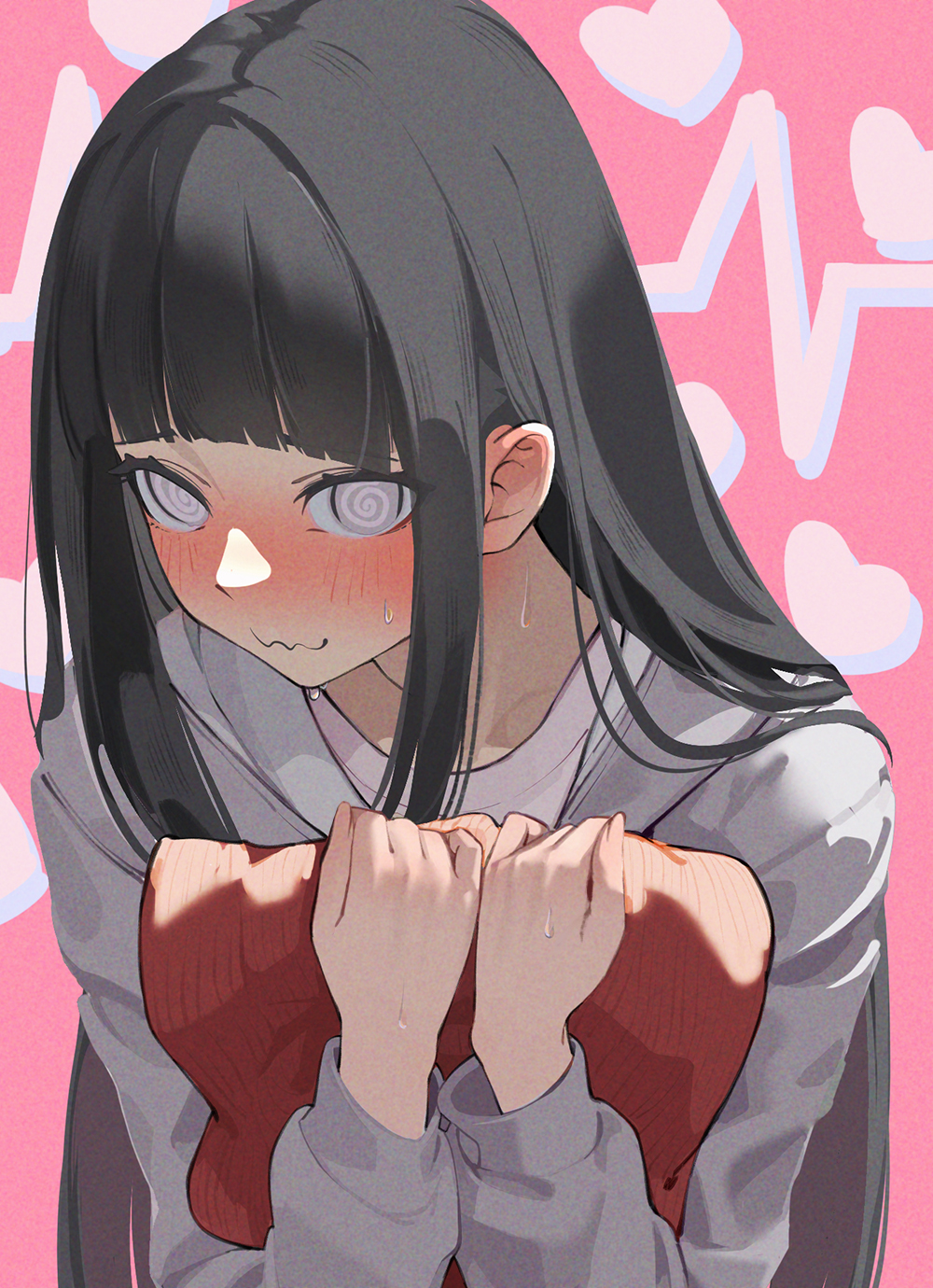 1girl @_@ black_hair blunt_bangs c-eye grey_eyes grey_jacket heart highres holding holding_unworn_clothes holding_unworn_scarf hyuuga_hinata jacket long_hair naruto:_the_last naruto_(series) red_scarf scarf shy sidelocks solo sweat unworn_scarf