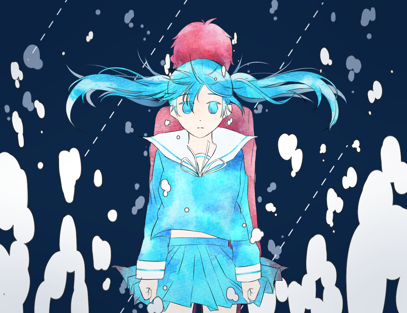 1boy 1girl back-to-back blue_background blue_eyes blue_hair blue_shirt blue_skirt blue_theme clenched_hands closed_mouth expressionless floating_hair hatsune_miku long_sleeves lucio_(luci0_52) mousou_kanshou_daishou_renmei_(vocaloid) no_pupils red_hair sailor_collar sailor_shirt school_uniform serafuku shirt skirt twintails vocaloid watercolor_effect
