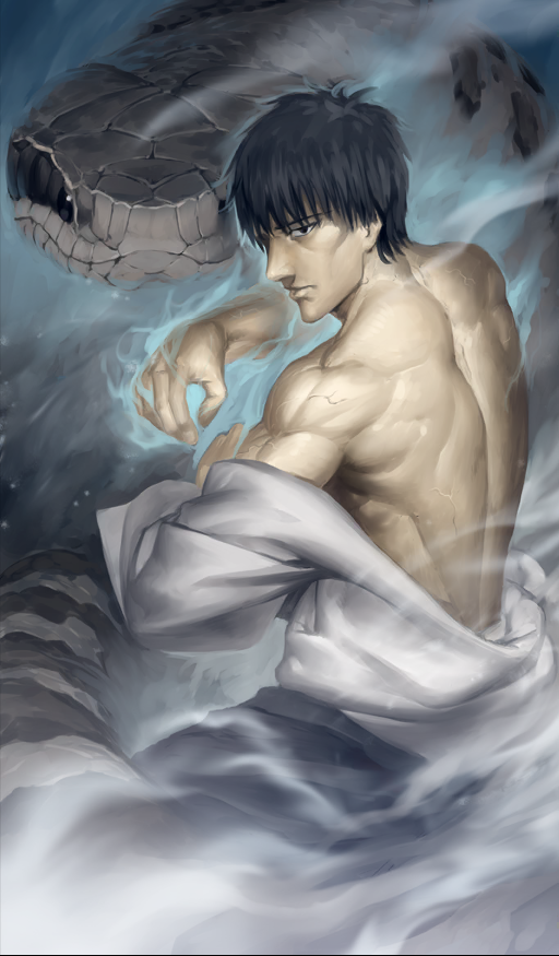 1boy animal black_eyes black_hair commentary cowboy_shot da_vinci_to_shichinin_no_gansaku_eirei fate/grand_order fate/stay_night fate_(series) fighting_stance hair_between_eyes kuzuki_souichirou looking_at_viewer male_focus muscular muscular_male official_art oversized_animal shinjirou short_hair smoke snake third-party_source topless_male veins