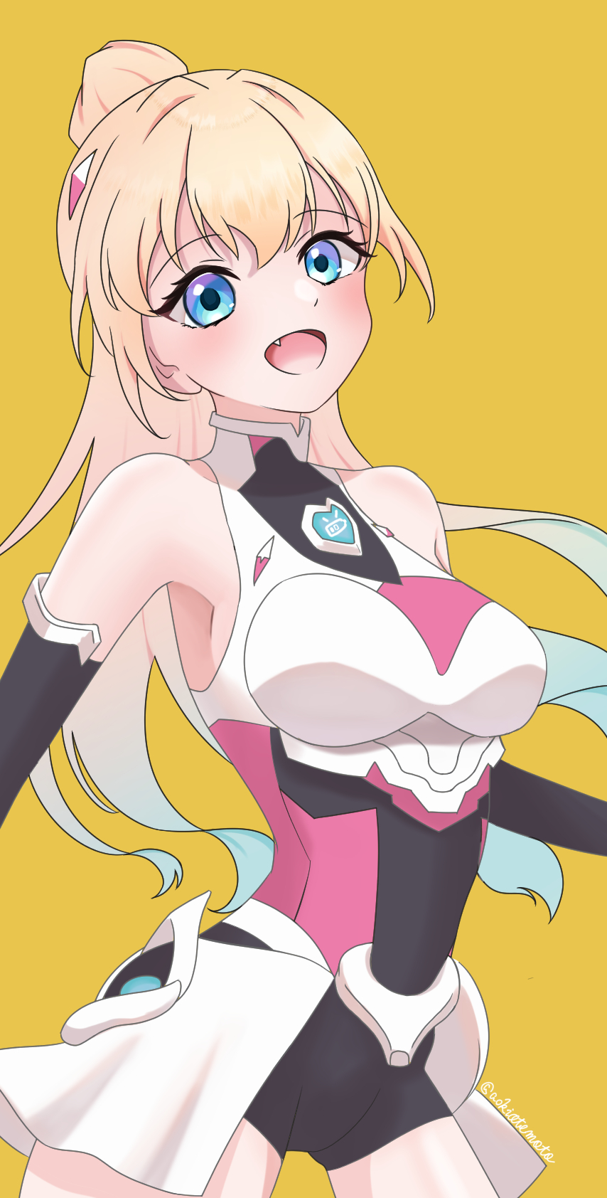 1girl :d aokiotemoto armpits black_bodysuit black_gloves blonde_hair blue_eyes blue_hair blush bodysuit boobplate breastplate breasts commentary cowboy_shot elbow_gloves fanfare!!!_(love_live!) fang gloves gradient_hair hair_bun headpiece highres legs_apart link!_like!_love_live! long_hair looking_at_viewer love_live! medium_breasts miniskirt multicolored_hair open_mouth osawa_rurino overskirt simple_background single_hair_bun skirt sleeveless sleeveless_bodysuit smile solo virtual_youtuber white_skirt yellow_background