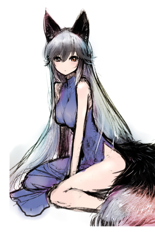 1girl animal_ears bare_shoulders blue_dress brown_eyes china_dress chinese_clothes dress extra_ears fox_ears fox_girl fox_tail grey_hair ise_(0425) kemono_friends long_hair looking_at_viewer silver_fox_(kemono_friends) simple_background sitting solo straight_hair tail