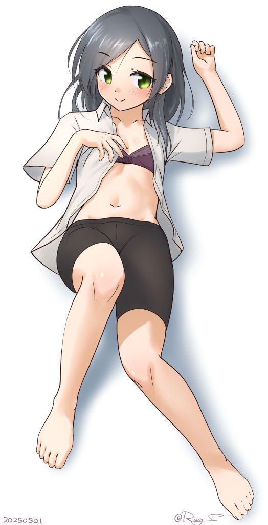 1girl artist_name barefoot black_hair black_leggings bra collarbone collared_shirt commentary_request full_body green_eyes kantai_collection kuroshio_(kancolle) leggings long_hair looking_at_viewer lying midriff navel open_clothes open_shirt purple_bra ray.s shirt simple_background solo underwear white_background white_shirt