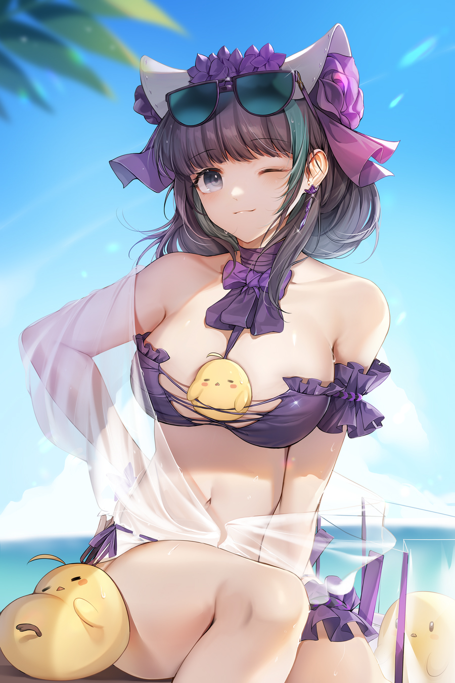 1girl animal_band animal_ears arm_garter azur_lane bare_shoulders bikini black_hair breasts cheshire_(azur_lane) cheshire_(summery_date!)_(azur_lane) choker eyewear_on_head fake_animal_ears highres large_breasts long_ribbon looking_at_viewer manjuu_(azur_lane) multicolored_hair navel one_eye_closed outdoors purple_bikini purple_choker purple_garter sarong short_hair side-tie_bikini_bottom solo strapless strapless_bikini streaked_hair suisei_(sui_seic) sunglasses swimsuit tinted_eyewear