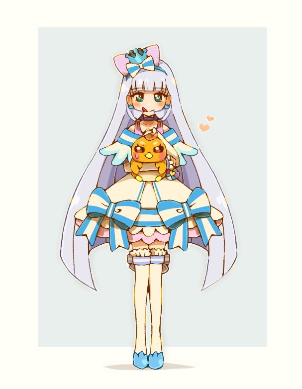 1girl animal arm_warmers bird blue_shoes blunt_bangs bow choker crown crown_earrings cure_nyammy dress earrings hair_behind_ear hair_bow hairband hirogaru_sky!_precure holding holding_animal holding_bird in-franchise_crossover jewelry licking_lips long_hair magical_girl mini_crown nekoyashiki_yuki off-shoulder_dress off_shoulder precure shoes smile solo straight_hair thighhighs tongue tongue_out very_long_hair white_dress white_hair white_thighhighs wonderful_precure! yuu13 yuunagi_tsubasa