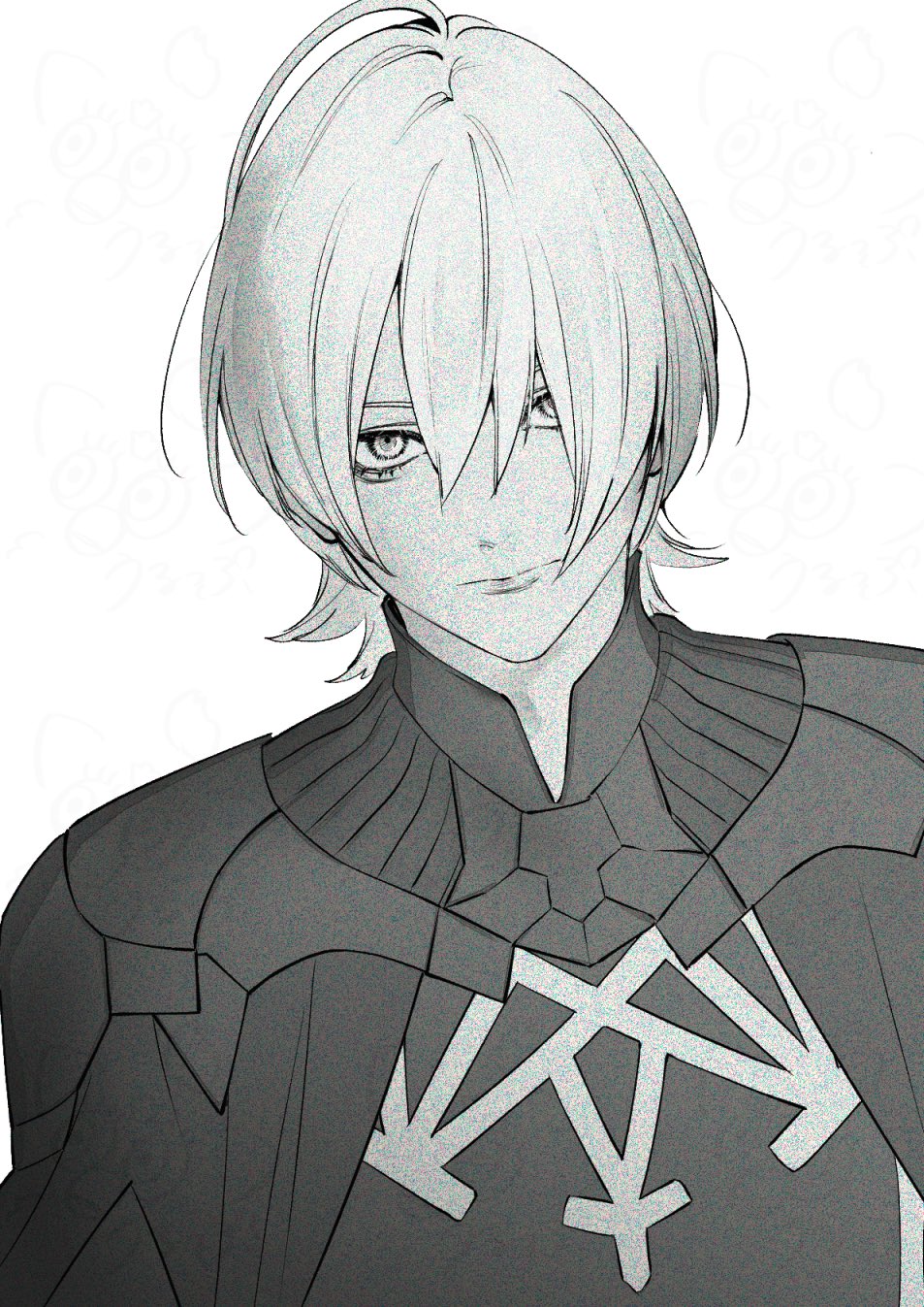 1boy armor male_byleth_(fire_emblem) cape closed_mouth commentary_request empty_eyes film_grain fire_emblem fire_emblem:_three_houses gorget greyscale hair_between_eyes highres looking_at_viewer male_focus monochrome nintendo shirt simple_background solo upper_body urup_zzz white_background wolf_cut