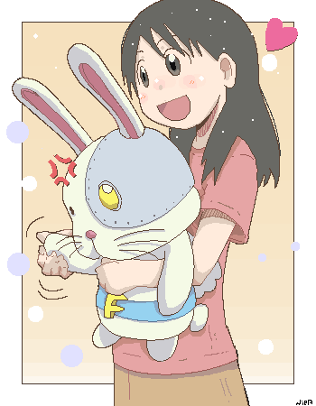 00s 1girl anger_vein ayase_ena black_eyes black_hair border crossover female_focus gradient_background heart long_hair lowres motion_lines niea oekaki shirt simple_background smile solo t-shirt tentai_senshi_sunred usakotsu white_border yotsubato!