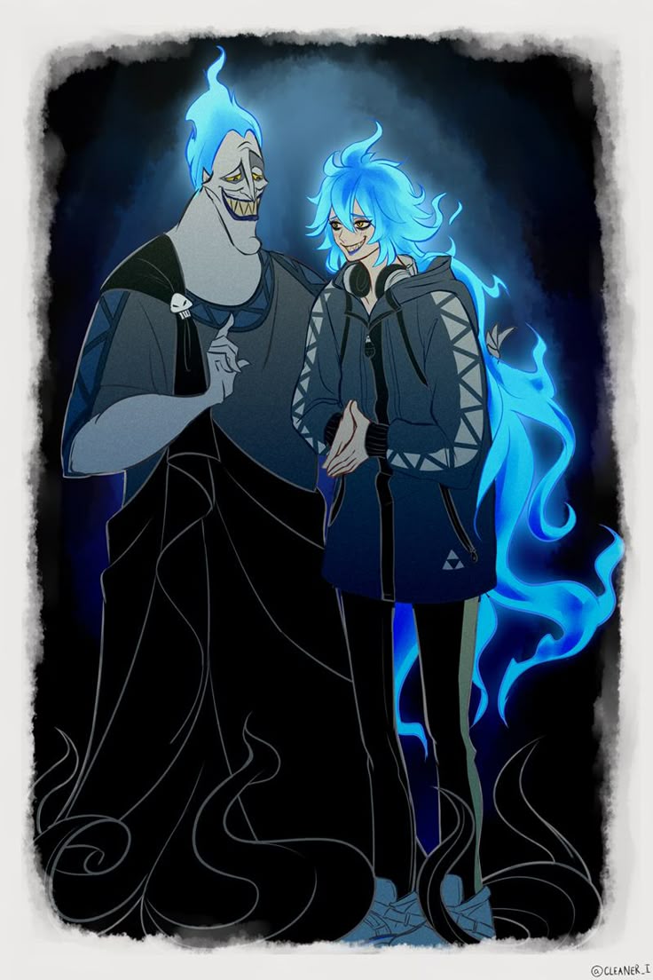 2boys artist_request blue_eyeshadow blue_hair blue_lips commentary_request eyeshadow fiery_hair fire hades_(disney) hair_between_eyes hercules_(1997_film) idia_shroud jacket long_hair long_sleeves makeup male_focus multiple_boys non-web_source sharp_teeth shirt short_hair simple_background smile source_request teeth twisted_wonderland very_long_hair yellow_eyes