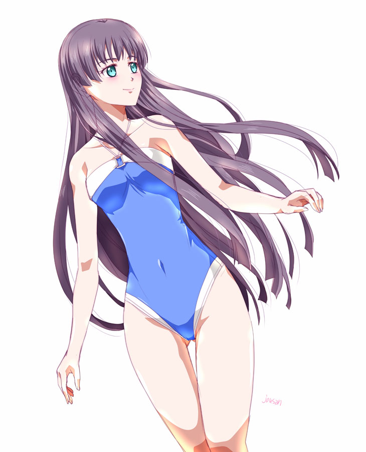 1girl artist_name bare_shoulders black_hair blue_eyes blunt_bangs breasts covered_navel cowboy_shot eiyuu_densetsu elise_schwarzer hajimari_no_kiseki hime_cut long_sidelocks one-piece_swimsuit sidelocks simple_background small_breasts smile solo swimsuit thighs white_background xiacheng_tatsuya