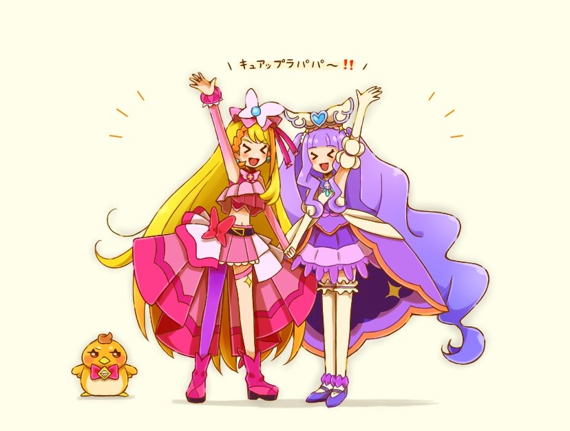 &gt;_&lt; 2girls :d ankle_boots ankle_scrunchie arm_up belt big_hair blonde_hair blunt_bangs boots bracelet braid brooch butterfly_hair_ornament coattails crop_top crown_braid cure_butterfly cure_majesty detached_sleeves earrings elbow_gloves ellee-chan full_body gloves hair_ornament heart heart_brooch hijiri_ageha hirogaru_sky!_precure holding_hands jewelry long_hair magical_girl mary_janes multiple_girls open_mouth pink_boots pink_skirt pleated_skirt precure puffy_short_sleeves puffy_sleeves purple_hair purple_skirt purple_thighhighs scrunchie shoes short_sleeves simple_background single_thighhigh skirt smile standing thigh_strap thighhighs two_side_up very_long_hair wavy_hair white_background white_gloves white_thighhighs wing_hair_ornament yuu13 yuunagi_tsubasa yuunagi_tsubasa_(bird)