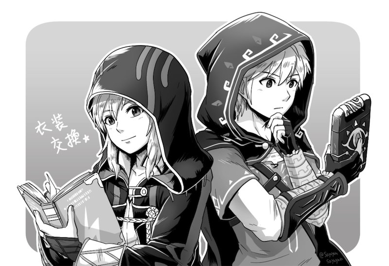 2boys blush book cape cosplay fire_emblem fire_emblem_awakening greyscale hood link link_(cosplay) long_hair male_focus male_robin_(fire_emblem) male_robin_(fire_emblem)_(cosplay) monochrome multiple_boys nintendo robe sayoyonsayoyo sheikah_slate short_hair super_smash_bros. the_legend_of_zelda the_legend_of_zelda:_breath_of_the_wild