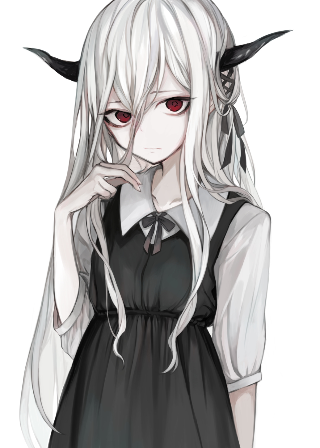 1girl black_dress closed_mouth collarbone collared_shirt commentary_request dress hair_between_eyes hand_up hasunokaeru highres long_hair long_sleeves looking_at_viewer original red_eyes shirt simple_background sleeveless sleeveless_dress solo very_long_hair white_background white_hair white_shirt
