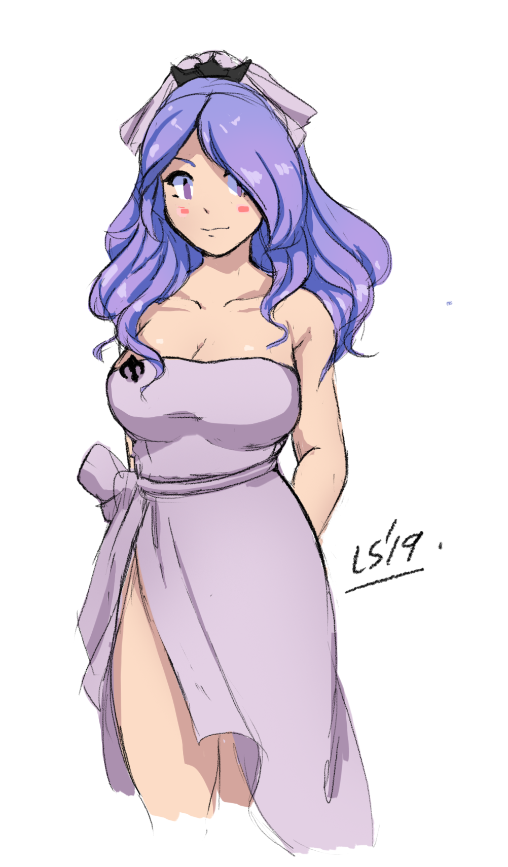 1girl bare_shoulders camilla_(fire_emblem) camilla_(hostile_springs)_(fire_emblem) fire_emblem fire_emblem_fates fire_emblem_heroes hair_over_one_eye highres kaphrin long_hair looking_at_viewer nintendo official_alternate_hairstyle purple_eyes purple_hair solo towel towel_around_waist towel_on_head wavy_hair
