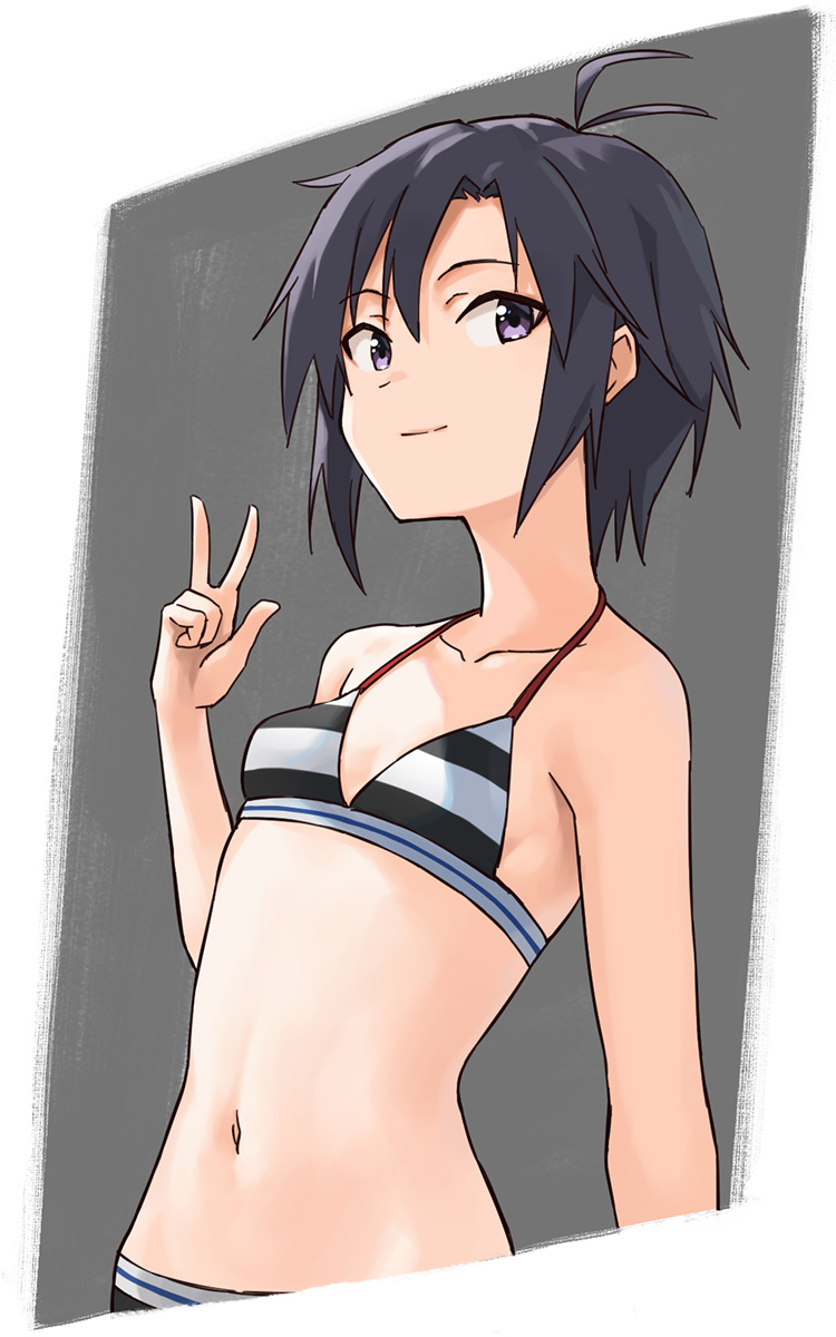 1girl bikini black_hair breasts collarbone grey_background grey_eyes hashi highres idolmaster idolmaster_(classic) idolmaster_2 kikuchi_makoto navel short_hair small_breasts solo striped_bikini striped_clothes swimsuit tomboy upper_body v