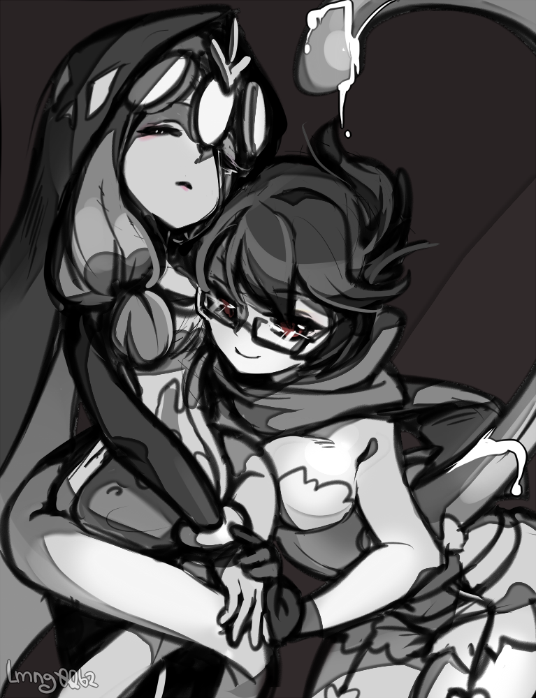 2girls aeon_(skullgirls) blush closed_eyes garter_straps glasses gloves greyscale hair_ornament hood hourglass lingerie monochrome multiple_girls ng_(kimjae737) pink_lips ponytail red_eyes siblings sisters skullgirls smile underwear venus_(skullgirls)