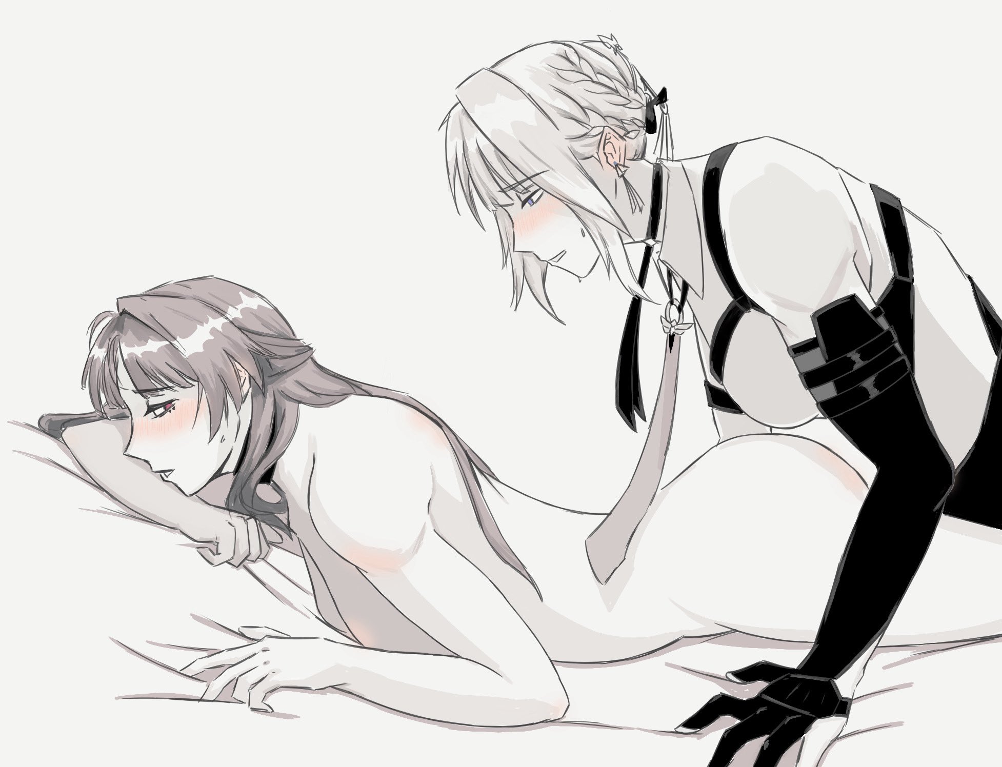 2girls animal_ears astra_yao blush braid braided_bun clothed_female_nude_female collared_shirt commentary completely_nude elbow_gloves english_commentary evelyn_chevalier gloves greyscale hair_bun half_updo highres long_hair lying monochrome multiple_girls necktie nude on_stomach parted_lips red_eyes shirt sols4rts sweat yuri zenless_zone_zero