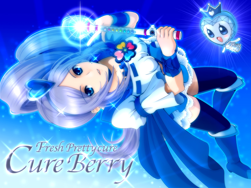 00s 1girl aono_miki blue_background blue_boots blue_eyes blue_skirt boots burun character_name copyright_name cure_berry female_focus fresh_precure! hair_ornament heart heart_hair_ornament knee_boots long_hair magical_girl precure purple_hair sekken_kasu_barrier skirt solo thighhighs wand